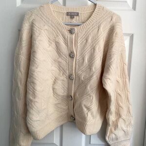J Crew off white cream cable cardigan sweater size medium with jeweled buttons
